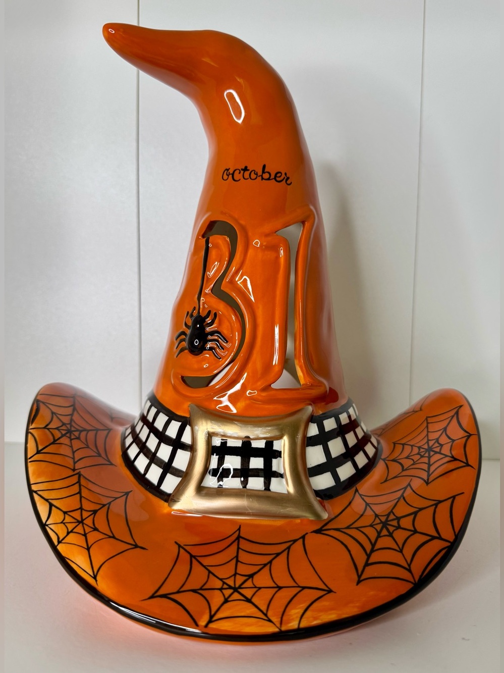 Blue Sky October 31 Orange Tea Light Ceramic Witch Hat NWT